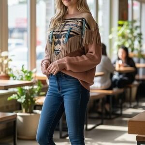 Vintage Western Fringe Sweater Dusty Rose Southwestern Sequin Boho Pullover